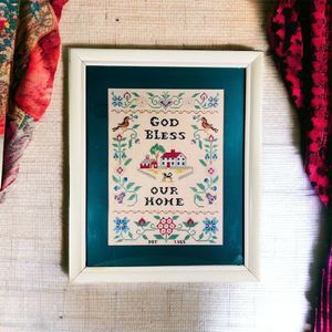God Bless Our Home Completed Vintage Cross Stitch 1955 Framed and Matted